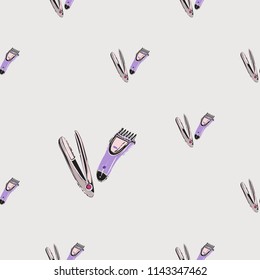 Seamless pattern with hair iron and trimmer. Vector fashion illustrations with watercolor style paint splashes. Design for logo, t shirt and uniform.