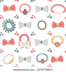Seamless pattern of hair pins and scrunchy hair accessory vector illustration on white background