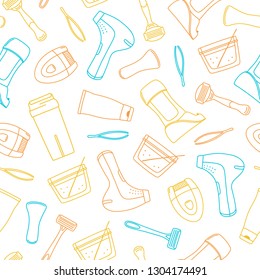 Seamless pattern with hair removal, depilation, epilation, shaving, waxing and sugaring tools, vector illustration on white background. Simple simpless pattern with hair removal tools