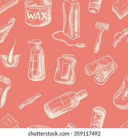 Seamless pattern with hair removal tools. Waxing, Sugaring. Bottle of wax, shaving razor, clipper, tweezers. Hand drawn vector illustration.