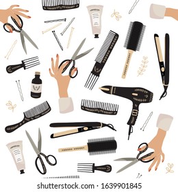 Seamless pattern with hair stylist elements. Hair cut, hairdresser. Different styling professional beauty tools and products on white background. Vector illustration.