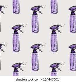Seamless pattern with hair water spray. Vector fashion illustrations with watercolor style paint splashes. Design for logo, t shirt and uniform for hairdressing salon.