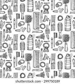 Seamless pattern with hairbrushes and accessories. Hand drawn vector hair styling collection. Vector