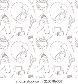 Seamless pattern with hairdresser details. Modern line art style. Woman head with a haircut, scissors, comb, brush and a hand with a hairspray. Vector illustration.