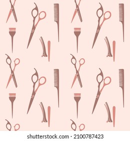 Seamless pattern with hairdresser details. Modern flat art style. Scissors, comb, brush and a hairpin. Vector illustration.