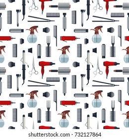 Seamless pattern of hairdresser objects in flat style isolated on white background. Hair salon equipment and tools logo icons, hairdryer, comb, scissors, hairclipper, curling, hair straightener.