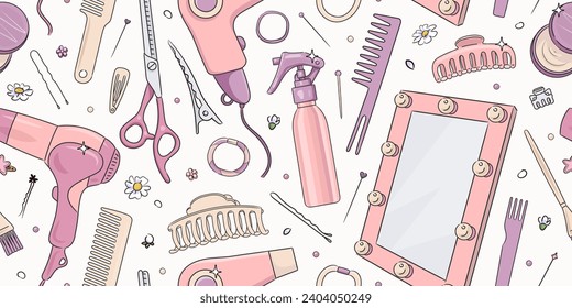 Seamless pattern for hairdresser salon with hand drawn tools. Modern trendy hair salon background. Vector illustration