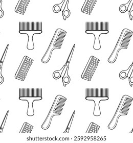 Seamless pattern with hairdresser tools. Barber shop tools pattern. Scissors, razor, comb background.