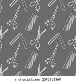 Seamless pattern with hairdresser tools. Barber shop tools pattern. Scissors, razor, comb background.