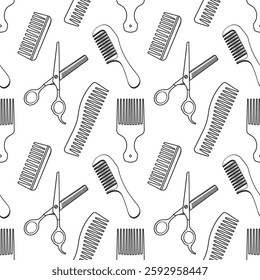 Seamless pattern with hairdresser tools. Barber shop tools pattern. Scissors, razor, comb background.