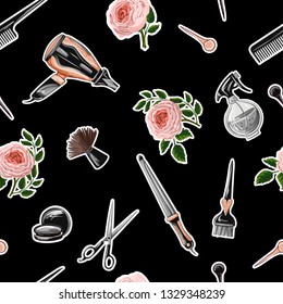 Seamless pattern with hairdresser tools such as hairdryer, comb, scissors, mirror, hair dye and other. 