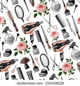 Seamless pattern with hairdresser tools such as hairdryer, comb, scissors, mirror, hair dye and other. 