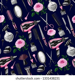 Seamless pattern with hairdresser tools such as hairdryer, comb, scissors, mirror, hair dye and other. 