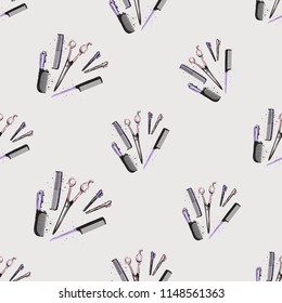Seamless pattern with hairdresser tools. Vector fashion illustrations with watercolor style paint splashes. Design for logo, t shirt and uniform for hairdressing salon.