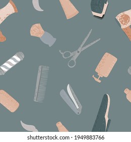 Peluquería de patrón sin brillo en doodle sobre fondo gris. Instrumentos retro vintage barber para plantilla. Moderno creativo en estilo plano. Diseño de ilustración vectorial.