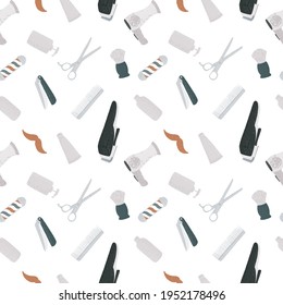 Seamless pattern hairdressing in doodle on white background. Vintage retro instruments for barber. Modern creative flat style. Vector illustration design.