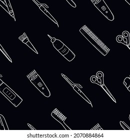 Seamless pattern of hairdressing elements. Vector illustration of doodle icons background, wallpaper. The concept of a hairdressing salon and a beauty salon