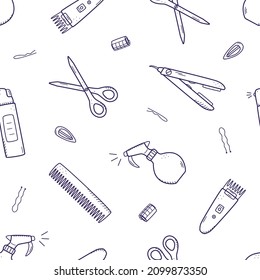 Seamless pattern of hairdressing elements. Vector illustration of doodle icons background, wallpaper. The concept of a hairdressing salon and a beauty salon