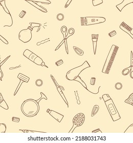 Seamless pattern of hairdressing elements. Vector illustration of doodle icons background, wallpaper. The concept of a hairdressing salon and a beauty salon