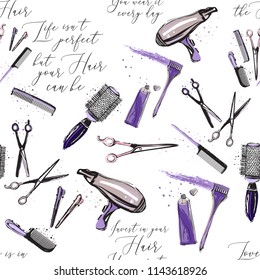 Seamless pattern for hairdressing salon with hairdresser tools. Vector fashion illustrations with watercolor style paint splashes. Design for logo, t shirt and uniform. 