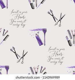 Seamless pattern for hairdressing salon. Vector fashion illustrations with watercolor style paint splashes. Stylish and beautiful graphic on white background. Design for logo, t shirt and uniform.