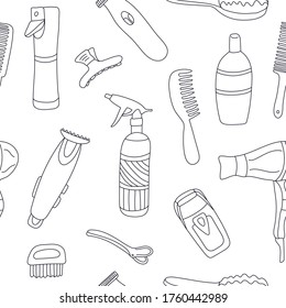 Seamless pattern with hairdressing tools. Doodle style illustration in black ink. Great gor barbershops, wrapping papers, wallpapers, covers. Electric shaver, trimmer, hair dryer, hair comb, spray.