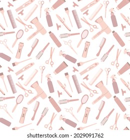 Seamless pattern with hairdressing tools, hair dryer, scissors, combs. Accessories for hairdressers in beige pastel color. Flat vector illustration for textiles and design