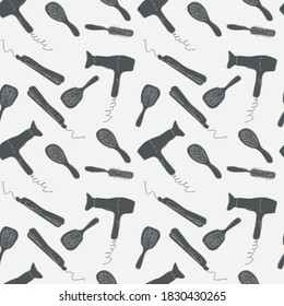 seamless pattern hairdressing tools on a gray background. hairdryer, comb, brushing, styler, hair straightener. Doodle sketch. For business cards of hairdressers, stylists. beauty salon, banner, poste