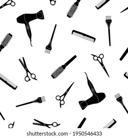 Seamless pattern with hairdressing tools on a white background. Black silhouette of hair salon accessories for templates, business cards, textiles or wrapping paper, vector illustration.