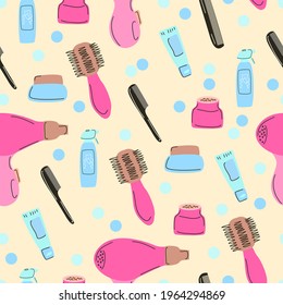 Seamless pattern with hairdryer and combs for beauty salons.