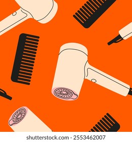 Seamless pattern with hairdryers and combs on a red background. Feminine items. Hair accessories. Hairdryer and comb design in a flat style. Vector illustration of hair care elements