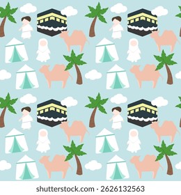 Seamless Pattern of Hajj Pilgrimage with Kaaba, Camel, and Palm Trees for Eid al-Adha