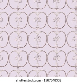 Seamless pattern with half an apple on a pink background. Drawn by hand and translated into vector. For your wallpaper, wrapping paper, fabric, decoration.