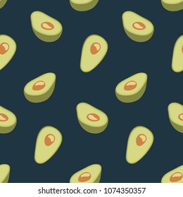 Seamless pattern of half avocado on dark green background. Vector print for textile, wallpaper, backdrop, wrapping, etc.