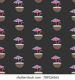 Seamless Pattern with half coconut drink, tube and umbrella, polka dot style. Cocktail in half coconut repeating pattern. 