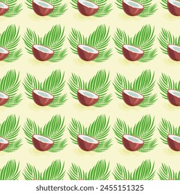 Seamless pattern with half a coconuts and palm leaves. Summer background. Template for fabric, wallpaper, wrapping paper. Vector illustration