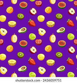Seamless pattern with half fruits and berries on violet Vector background