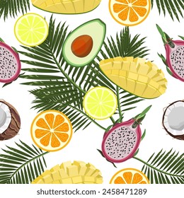 Seamless pattern of half fruits on tropical leaves. Orange, mango, lemon, coconut, dragon fruit, avocado. Vector pattern for textiles, banners, screensavers.