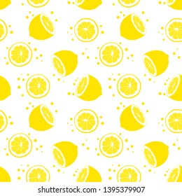 Seamless pattern with half lemon and sliced lemon. Juicy lemon. Tropical background with lemon. Summer background. 