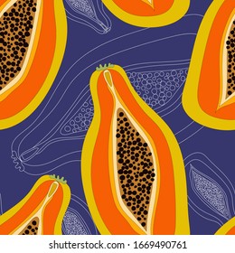 Seamless pattern with half papaya exotic fruits isolated on dark violet background. Flat hand drawn style. Vector stock illustration. Design for printing on fabrics, packaging.