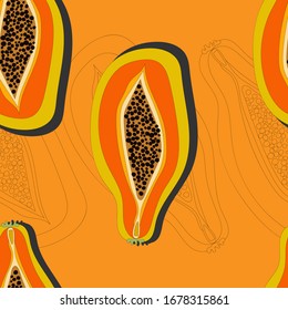 Seamless pattern with half papaya exotic fruits isolated on orange background. Flat hand drawn style. Vector stock illustration. Design for printing on fabrics, packaging.