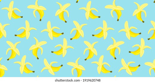 Seamless pattern with half peeled bananas on light blue - ornament with yellow banana - tropical fruit background for summer design