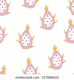 Seamless pattern with half pitaya on white background in cartoon style for child fabric, textile, nursery, wallpaper