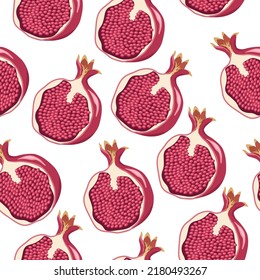 Patrón transparente de medio fruto granado en un fondo blanco.El patrón vectorial se puede usar en textiles, diseños de supermercados.