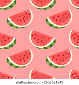 Seamless pattern half ripe watermelon on red background. Perfect for summer themed designs and textiles.  