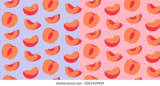 Seamless pattern with half and sliced apricots on pastel backgrounds. Vibrant fruit design in a modern, minimal style. Ideal for textiles, packaging, wallpapers, and summer themed projects