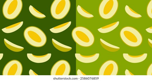 Seamless pattern with half and sliced melons on pastel backgrounds. Vibrant fruit design in a modern, minimal style. Ideal for textiles, packaging, wallpapers, and summer themed projects