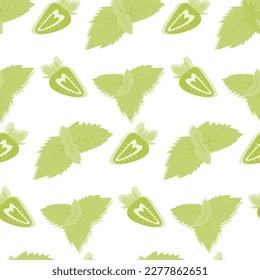 Seamless pattern of half a strawberry with mint leaves in trendy monochrome hue green. Flat lay. EPS