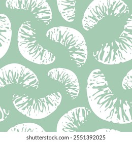 seamless pattern with half tangerine icons in sketch style drawn with white lines on green background, for poster, pattern or textile