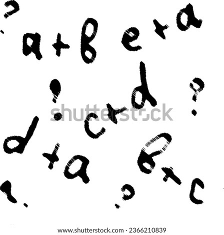 Seamless pattern of half-erased arithmetic inscriptions of sums and question marks. Black symbols on a transparent background. Vector.